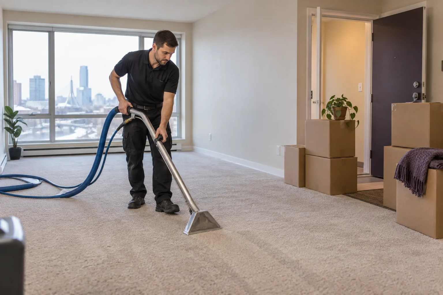 Carpet cleaner working in a home prepared for moving