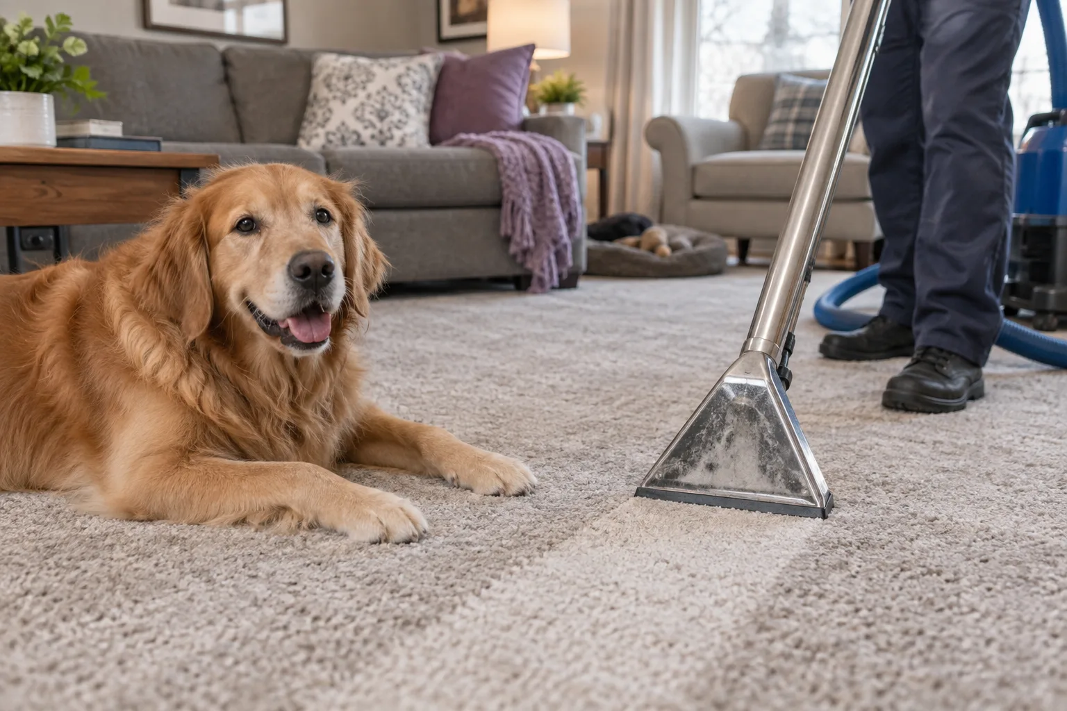 Dog beside a carpet cleaning extractor