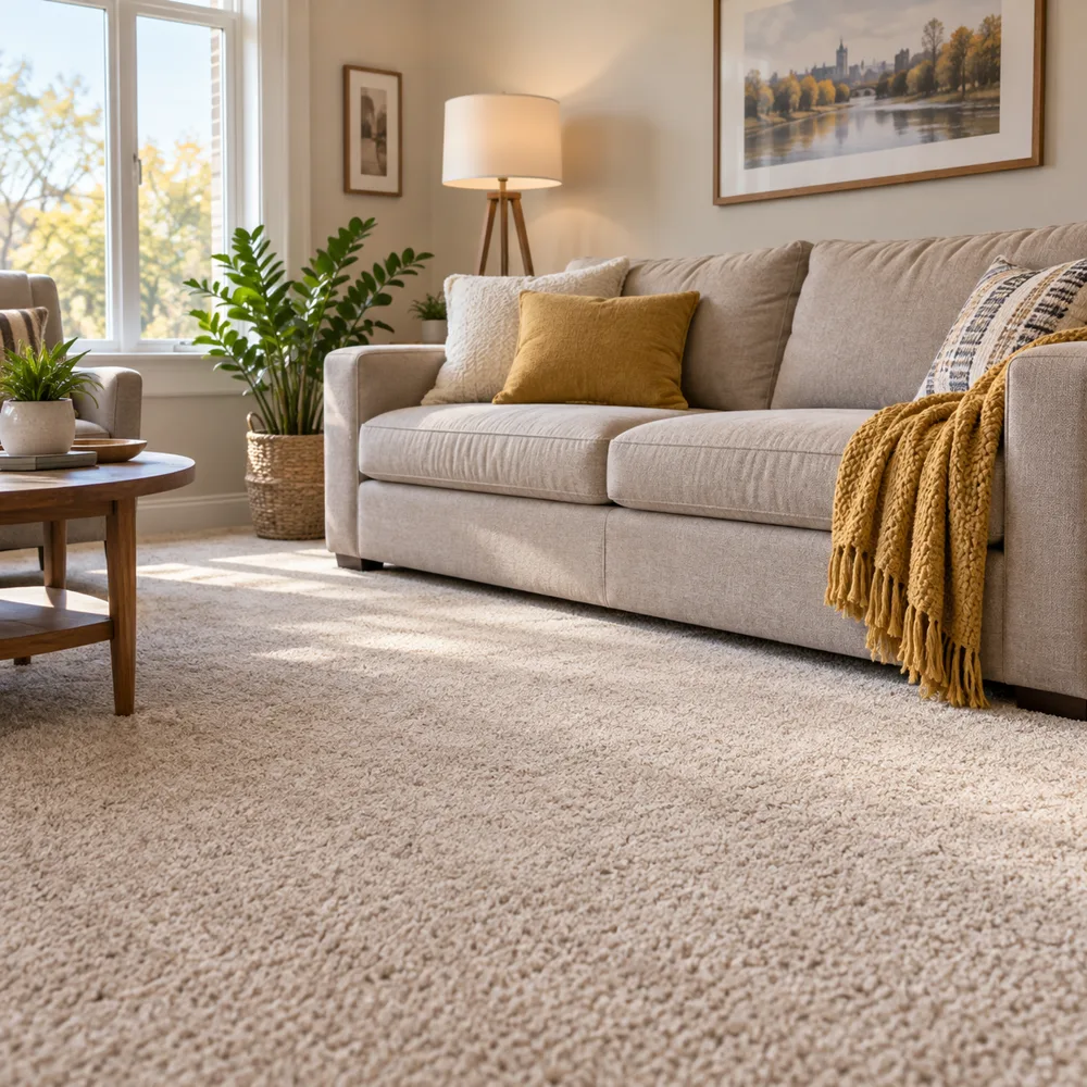 Freshly cleaned carpet and fabric sofa in a bright living room